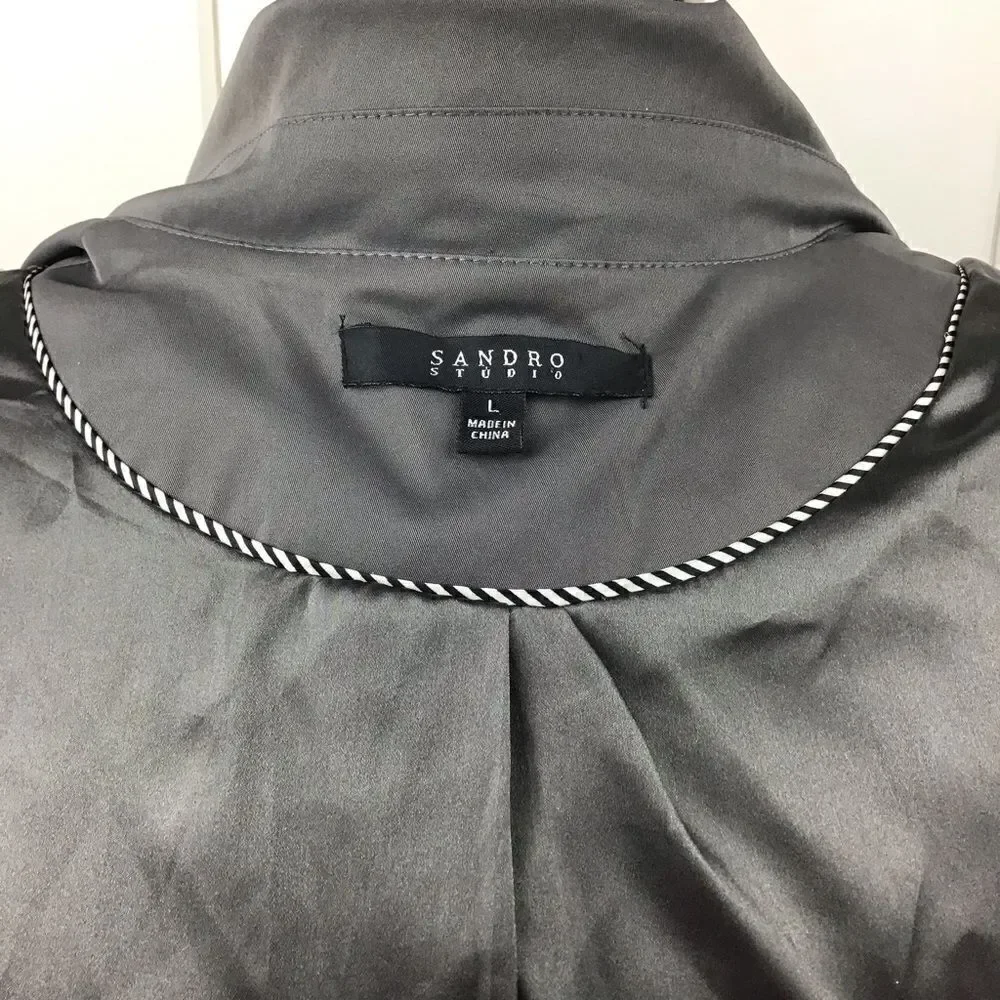 Sandro Dark Gray Ruffled Collar Belted Trench L‎ - Picture 6 of 7